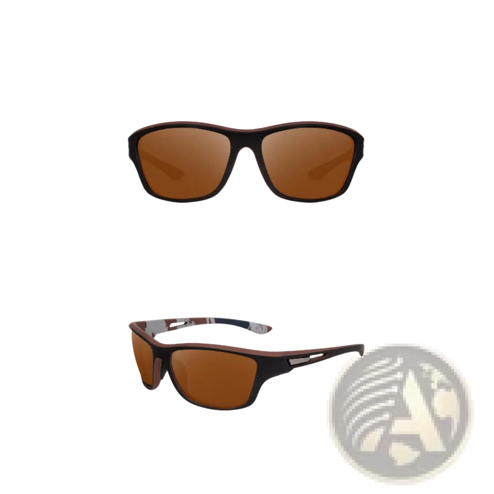 Polarized oval men’s sport sunglasses with black frames brown gradient lenses and camouflage-patterned temple accents