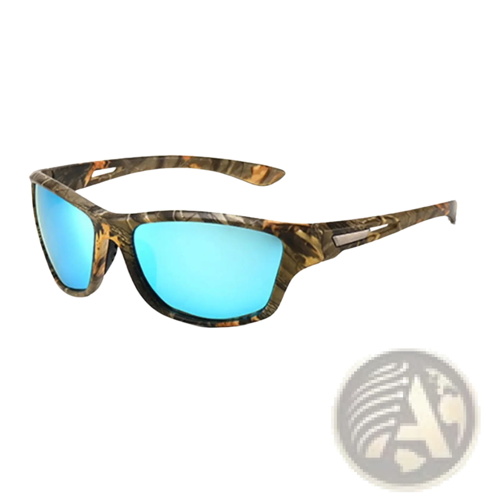 Polarized oval camouflage sport sunglasses with reflective blue mirrored lenses for men