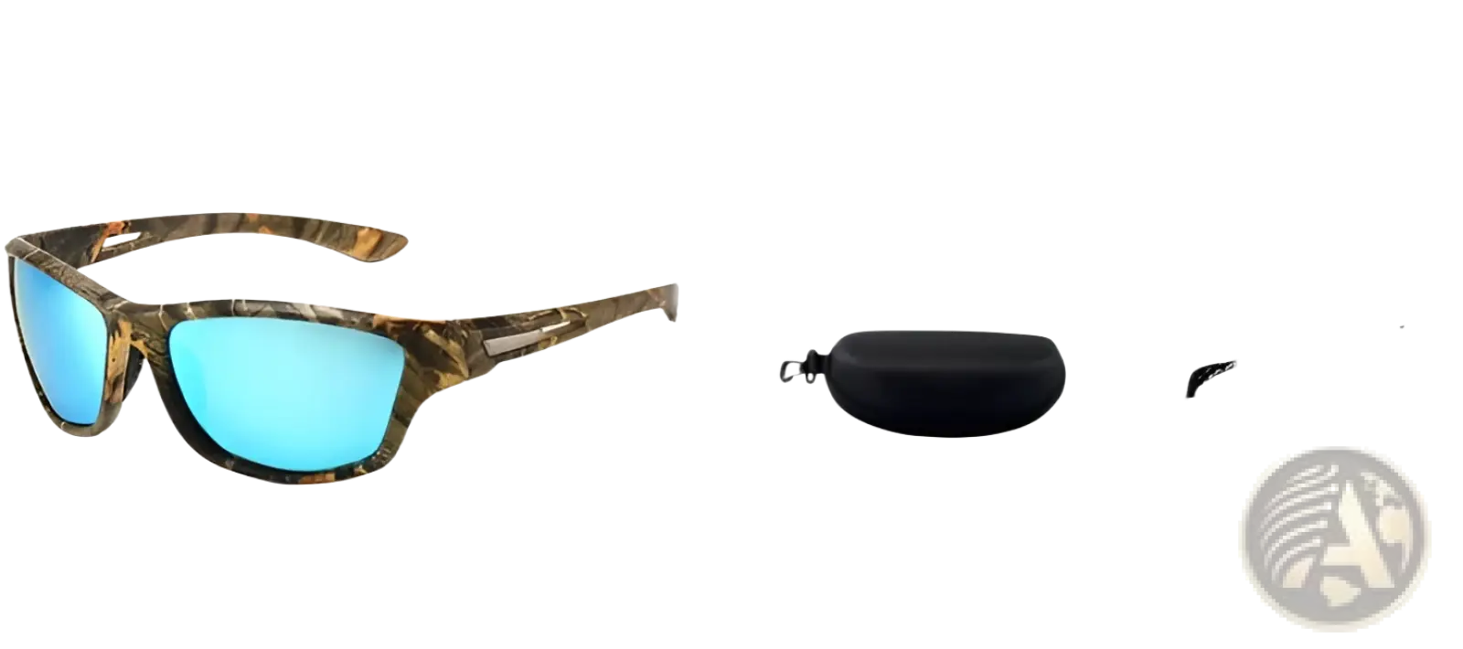 Polarized oval men’s sport sunglasses with camouflage frame and reflective blue mirrored lenses in a sleek design