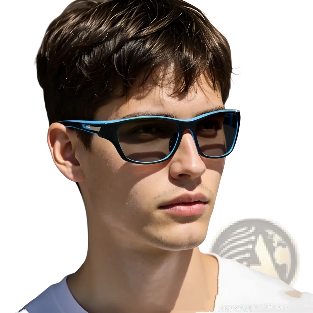 A man wearing polarized oval camouflage and mirrored men’s sport sunglasses with blue frames and dark lenses