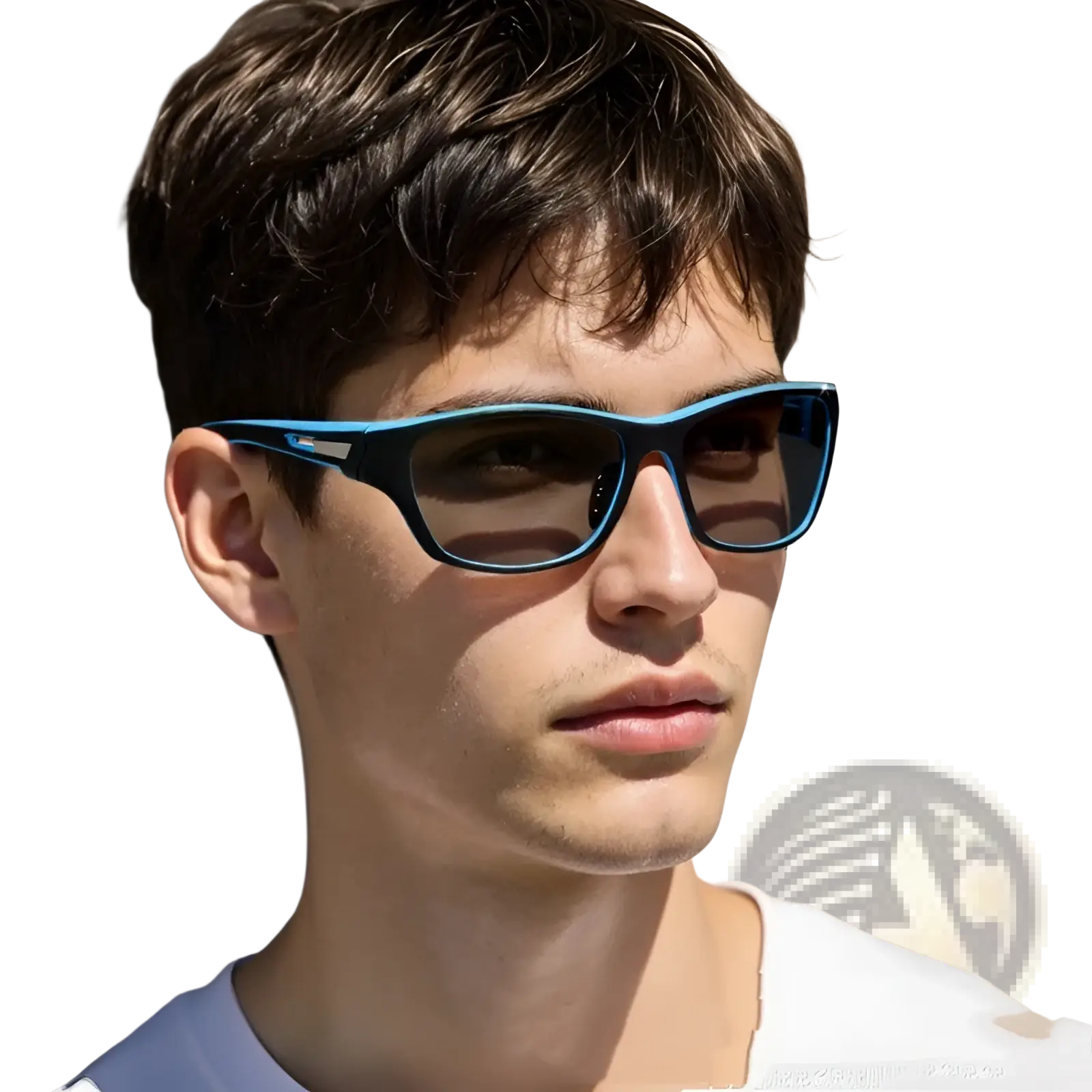 A man wearing polarized oval camouflage and mirrored men’s sport sunglasses with blue frames and dark lenses