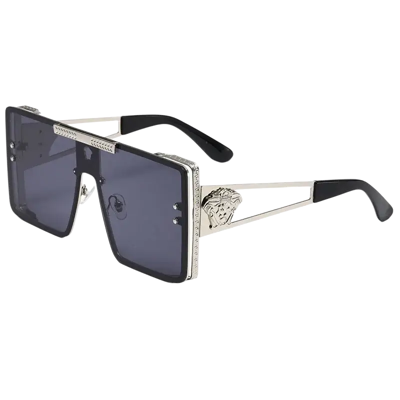 Polarized oversized metal sunglasses with black and silver square frames dark gray lenses and medusa head emblem