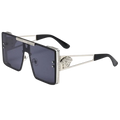 Polarized oversized metal sunglasses with black and silver square frames dark gray lenses and medusa head emblem