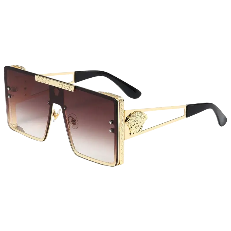 Polarized oversized metal sunglasses for adults with gold frames, gradient brown lenses, medusa emblem, and black arms
