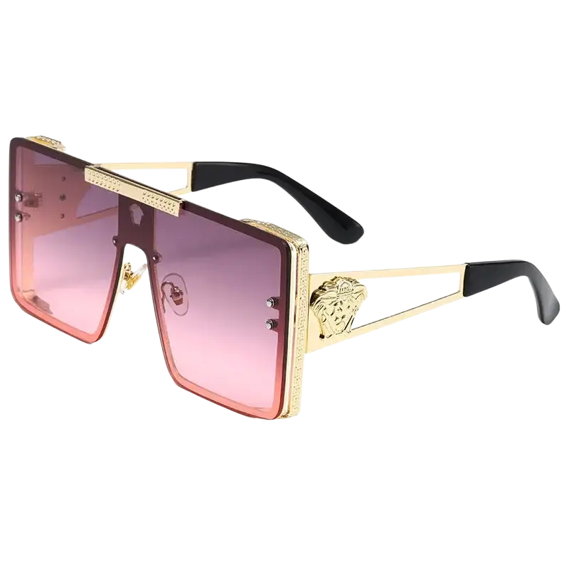 Gold-framed polarized oversized metal sunglasses with pink gradient lenses and medusa head emblem for adults