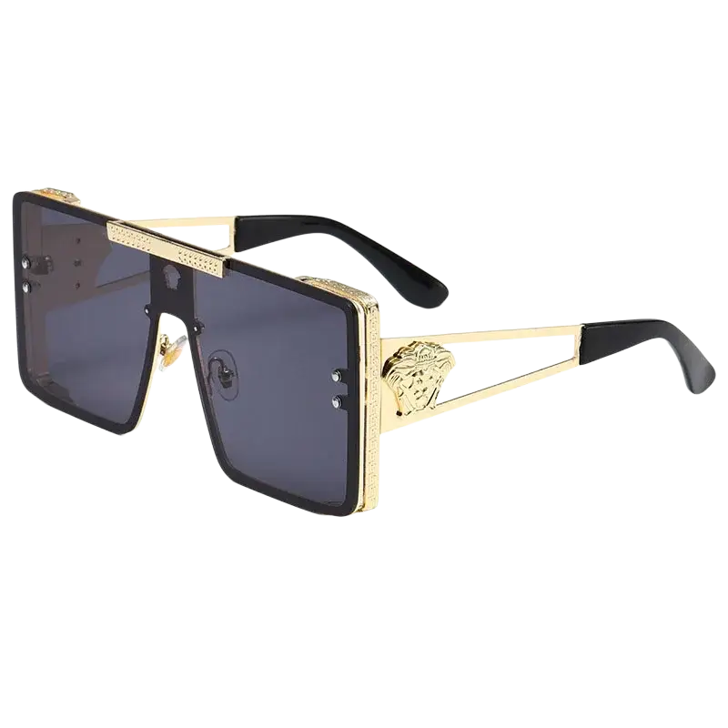 Polarized oversized metal sunglasses for adults with gold frame, black lenses, and medusa head emblem on the temple