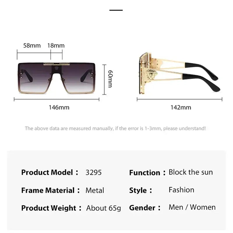 Polarized oversized metal sunglasses for adults with gold-toned rectangular frame gradient dark lenses and embossed medusa logo