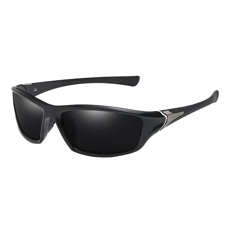 Black polarized sports cycling sunglasses with sleek matte frame and textured temple tips for enhanced grip