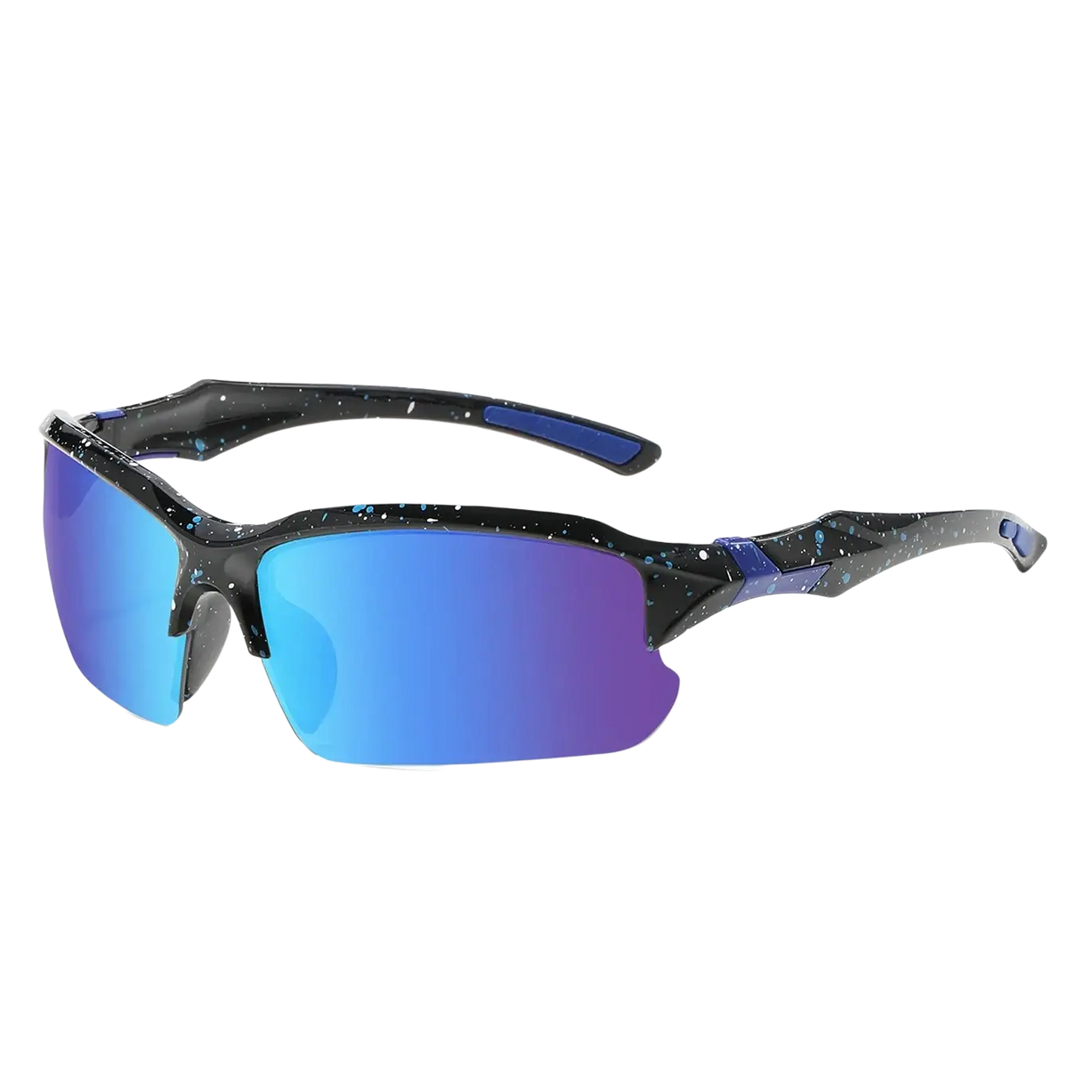 Polarized sports cycling sunglasses with black and blue speckled frame and gradient mirrored lenses for outdoor use
