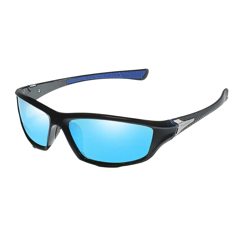 Polarized sports cycling sunglasses with black frames blue mirrored lenses and textured temple tips for enhanced grip