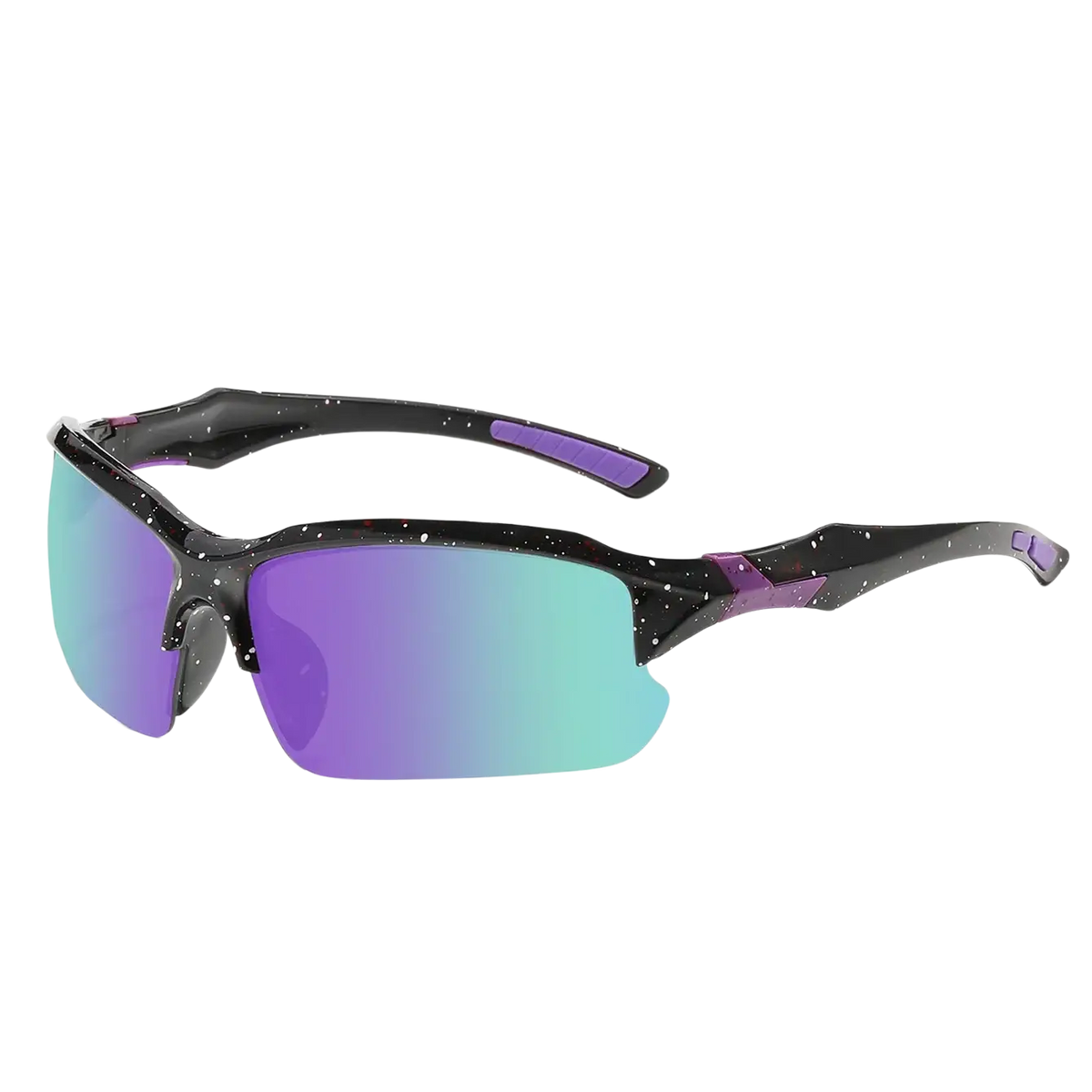 Polarized sports cycling sunglasses with black speckled frames and vibrant purple to teal gradient lenses