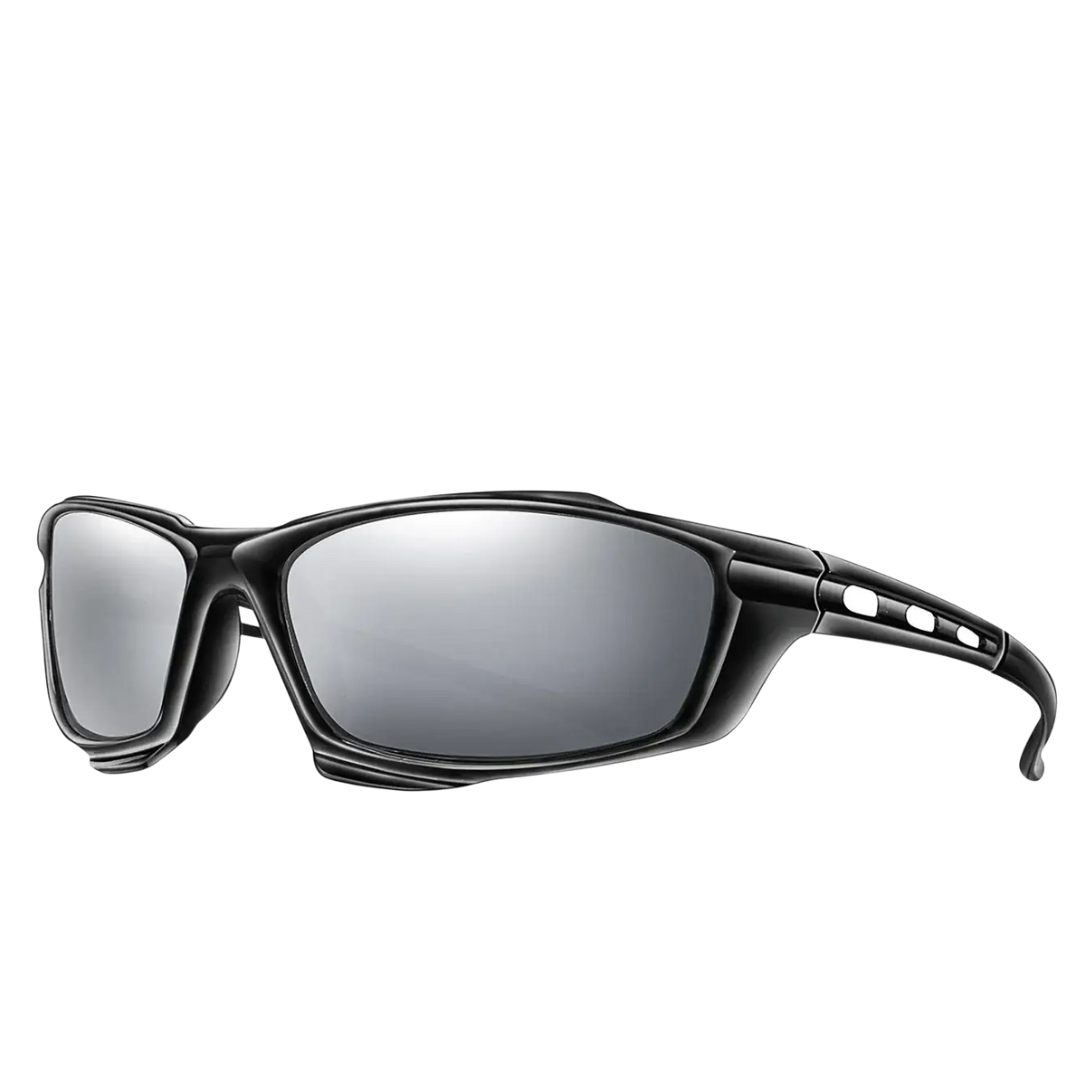Black framed polarized sports cycling sunglasses with reflective gray lenses and a sleek sporty design
