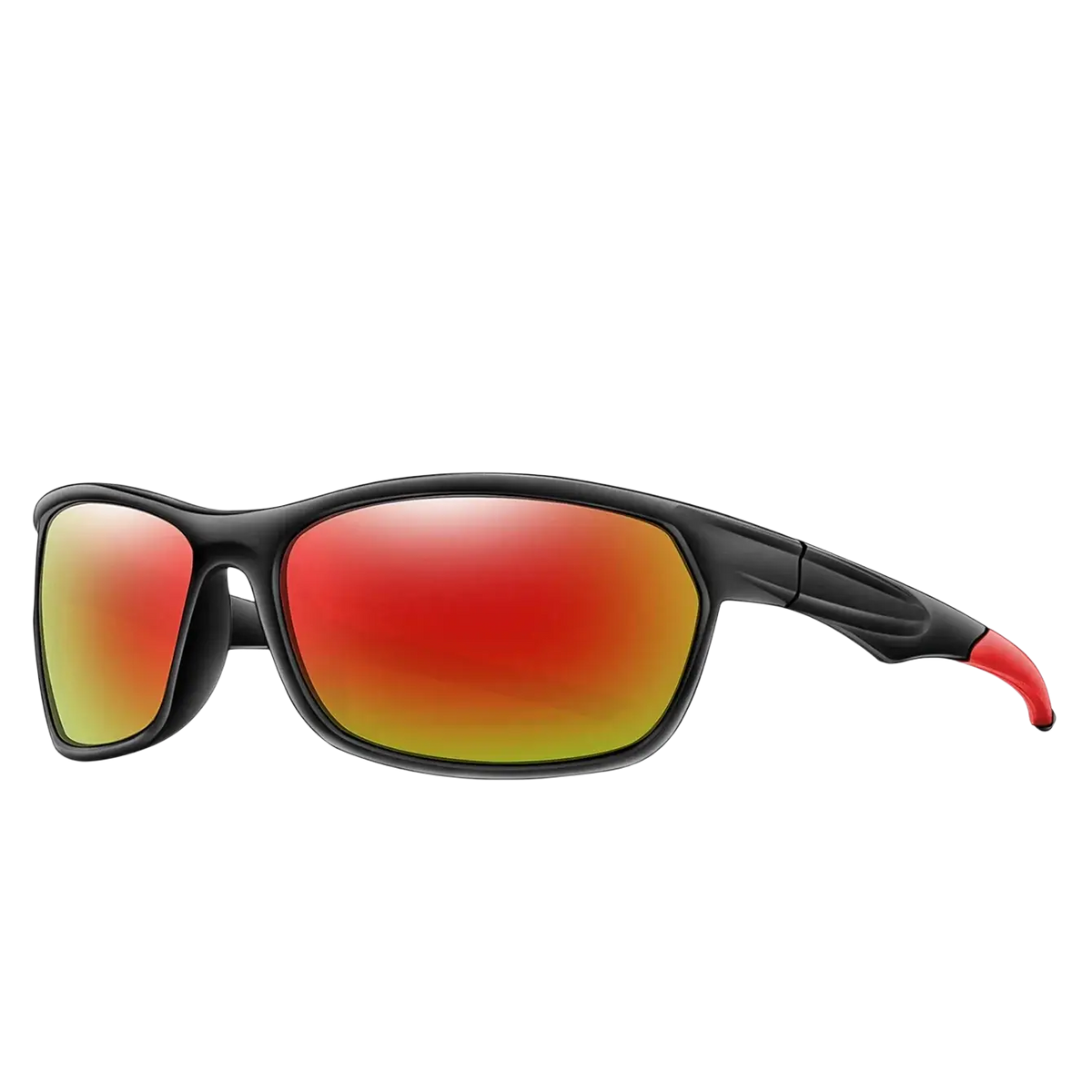 Black-framed polarized sports cycling sunglasses with red and yellow gradient mirrored lenses and red temple tips