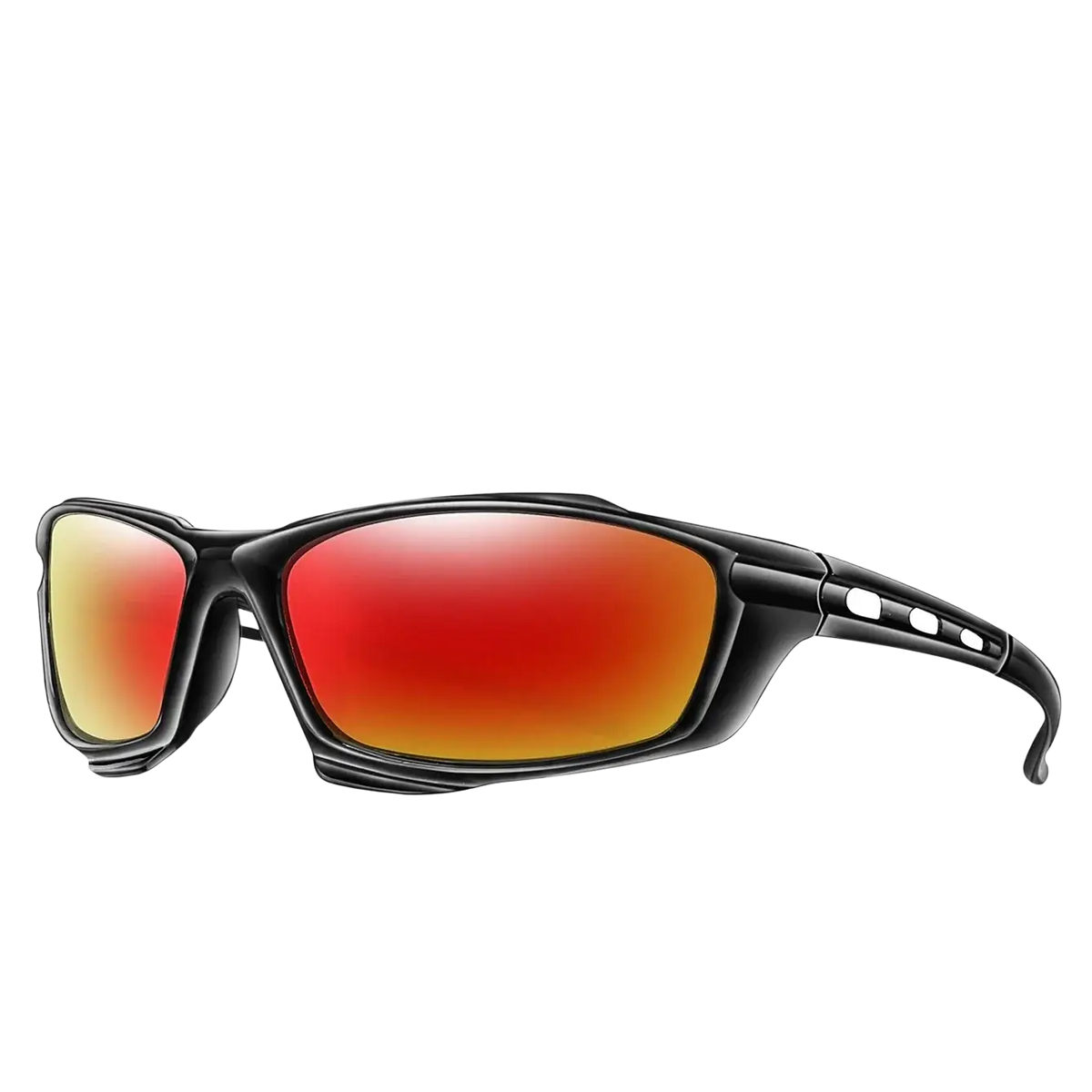 Black-framed polarized sports cycling sunglasses with gradient red and orange mirrored lenses for outdoor use