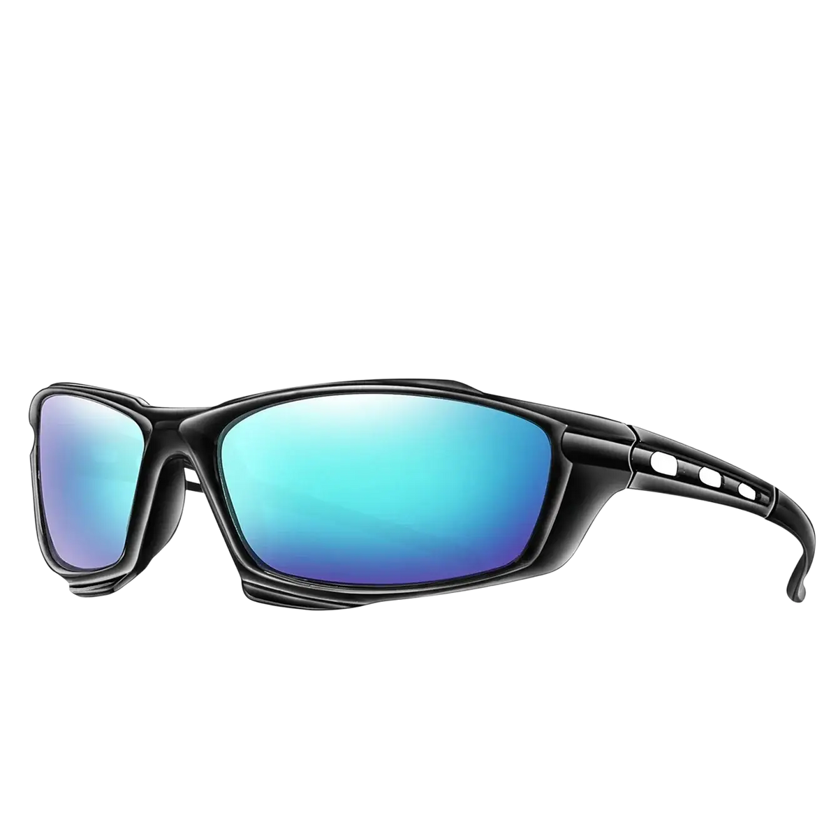 Polarized sports cycling sunglasses with black frames and gradient blue mirrored lenses for outdoor use