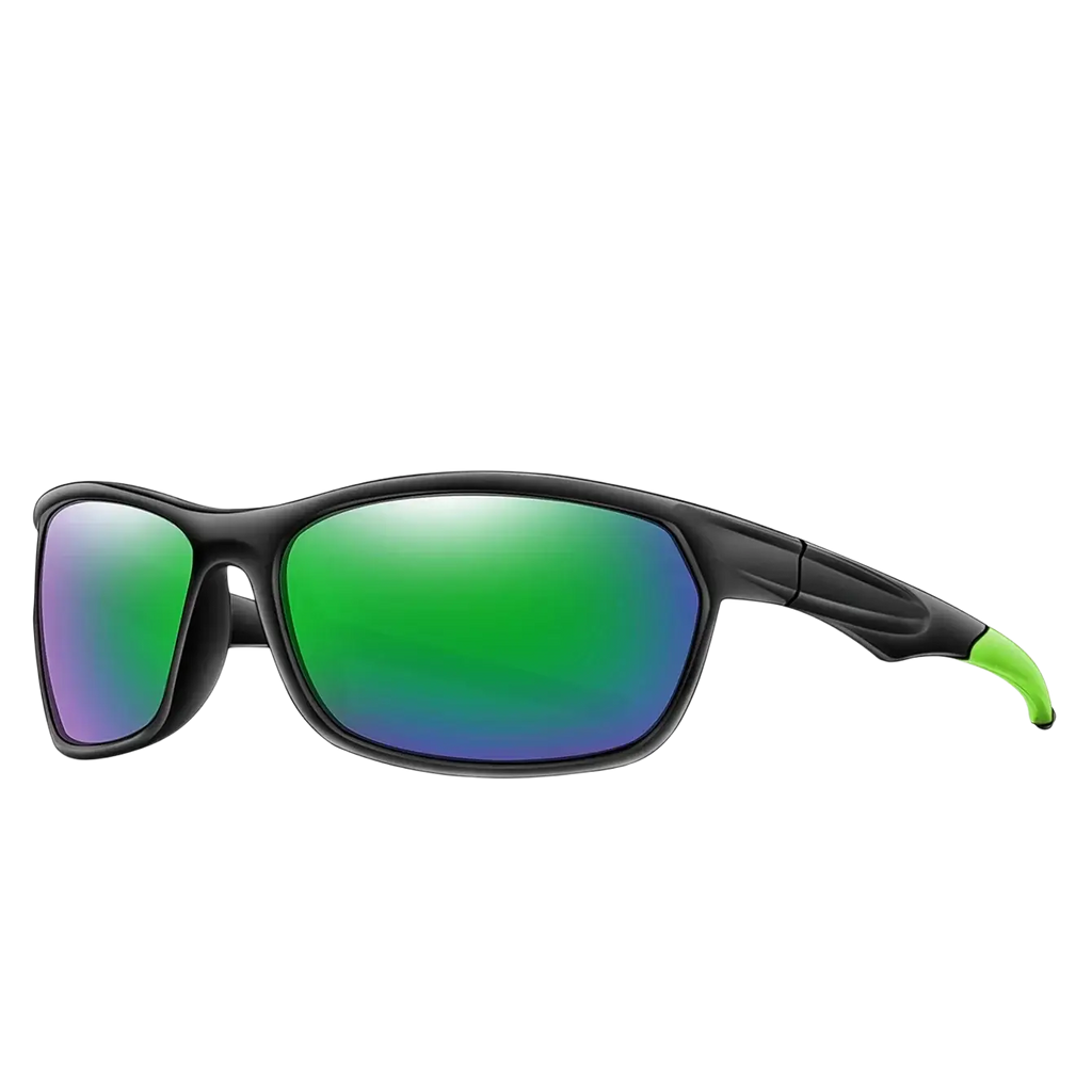 Polarized sports cycling sunglasses with black frames, vibrant green blue mirrored lenses, and neon green temple tips