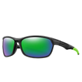 Polarized sports cycling sunglasses with black frames, vibrant green blue mirrored lenses, and neon green temple tips