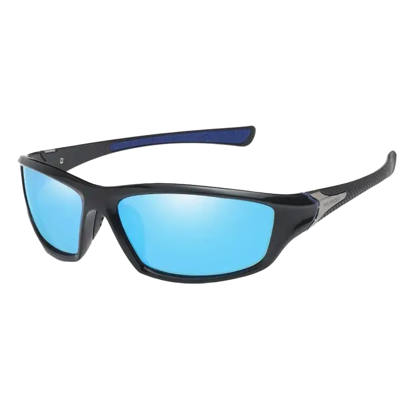 Polarized sports cycling sunglasses with black frames vibrant blue mirrored lenses and textured temple tips for comfort