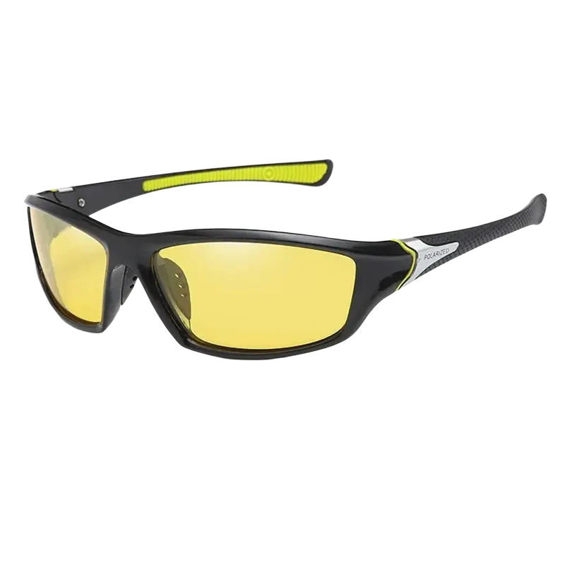 Polarized sports cycling sunglasses with black and neon yellow lenses and a sleek durable frame design