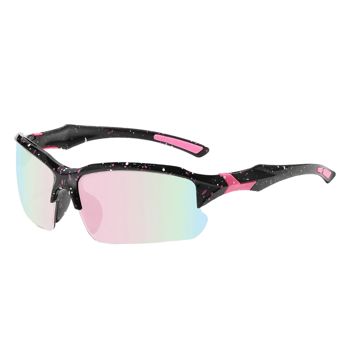 Polarized sports cycling sunglasses with black and pink speckled frame and iridescent gradient lenses