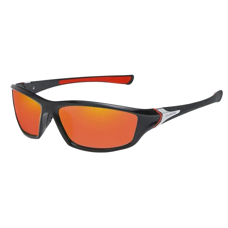 Polarized sports cycling sunglasses with black and red frame and orange mirrored lenses for outdoor use