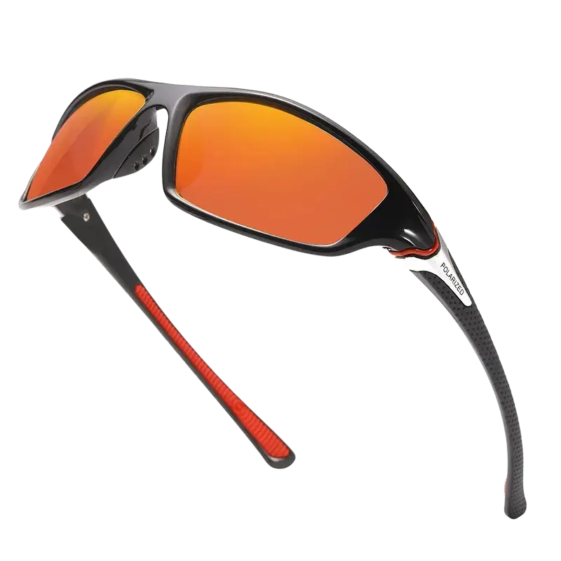 Polarized sports cycling sunglasses with black and red frame and orange mirrored lenses for outdoor use
