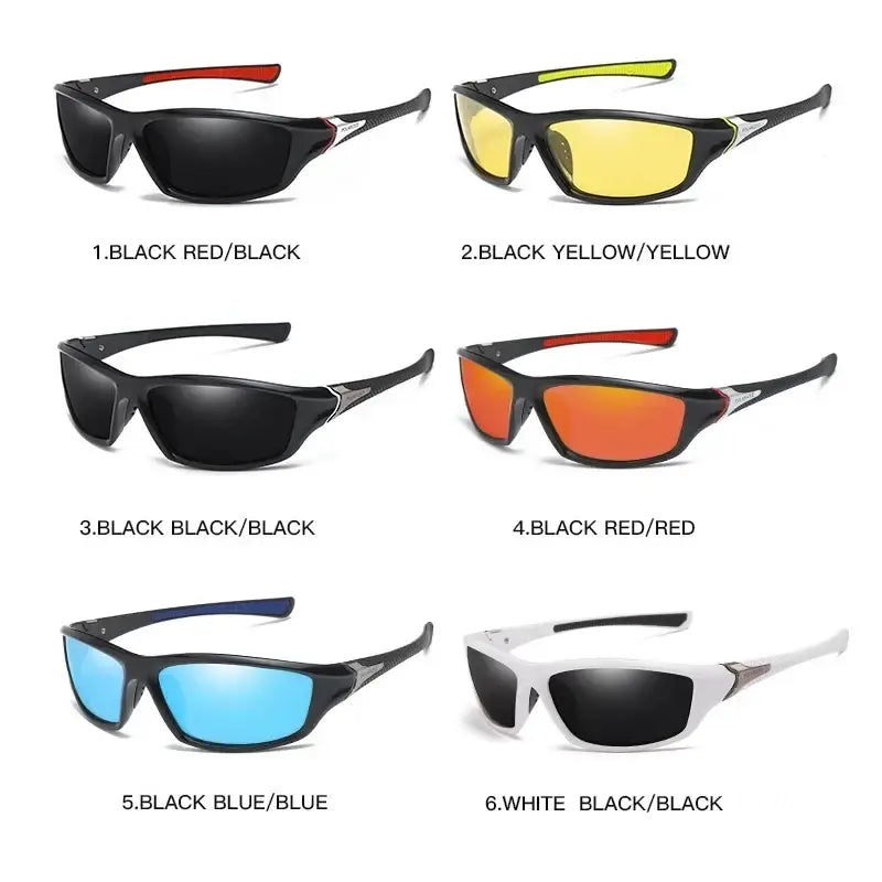 Polarized sports cycling sunglasses with black and red frames and interchangeable yellow orange blue or white lenses