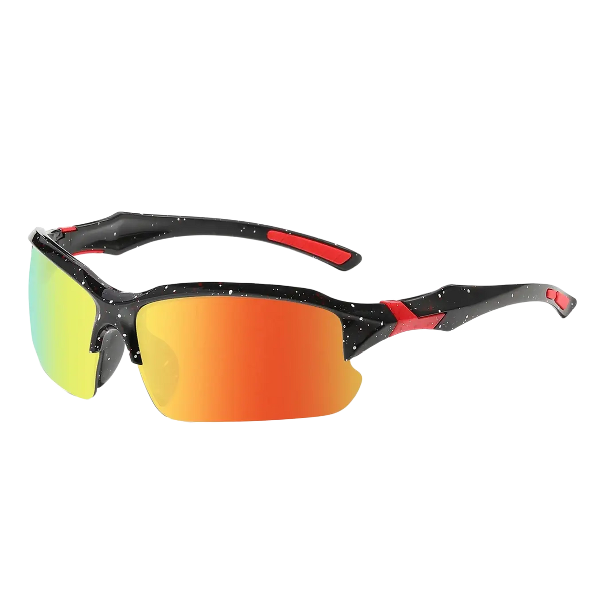 Polarized sports cycling sunglasses with black and red speckled frame and gradient green to orange mirrored lenses