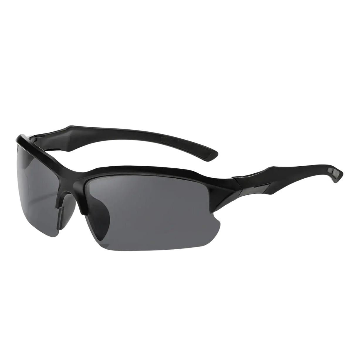 Polarized sports cycling sunglasses with black frame and dark gray lenses featuring a sleek aerodynamic design