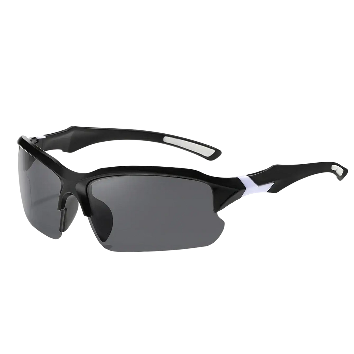 Polarized sports cycling sunglasses with black and white frame and dark gray lenses designed for outdoor activities