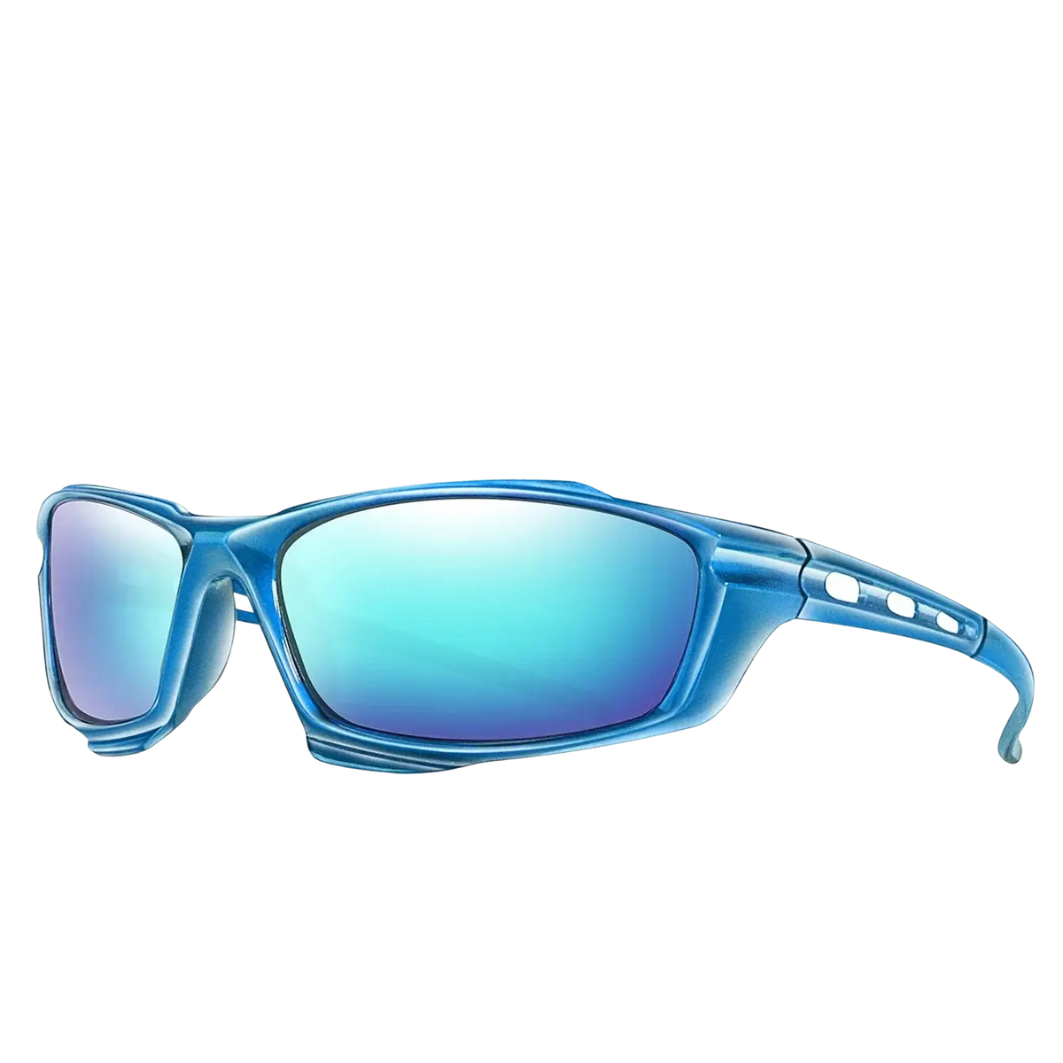 Blue polarized sports cycling sunglasses with mirrored lenses and a sleek aerodynamic frame for active use