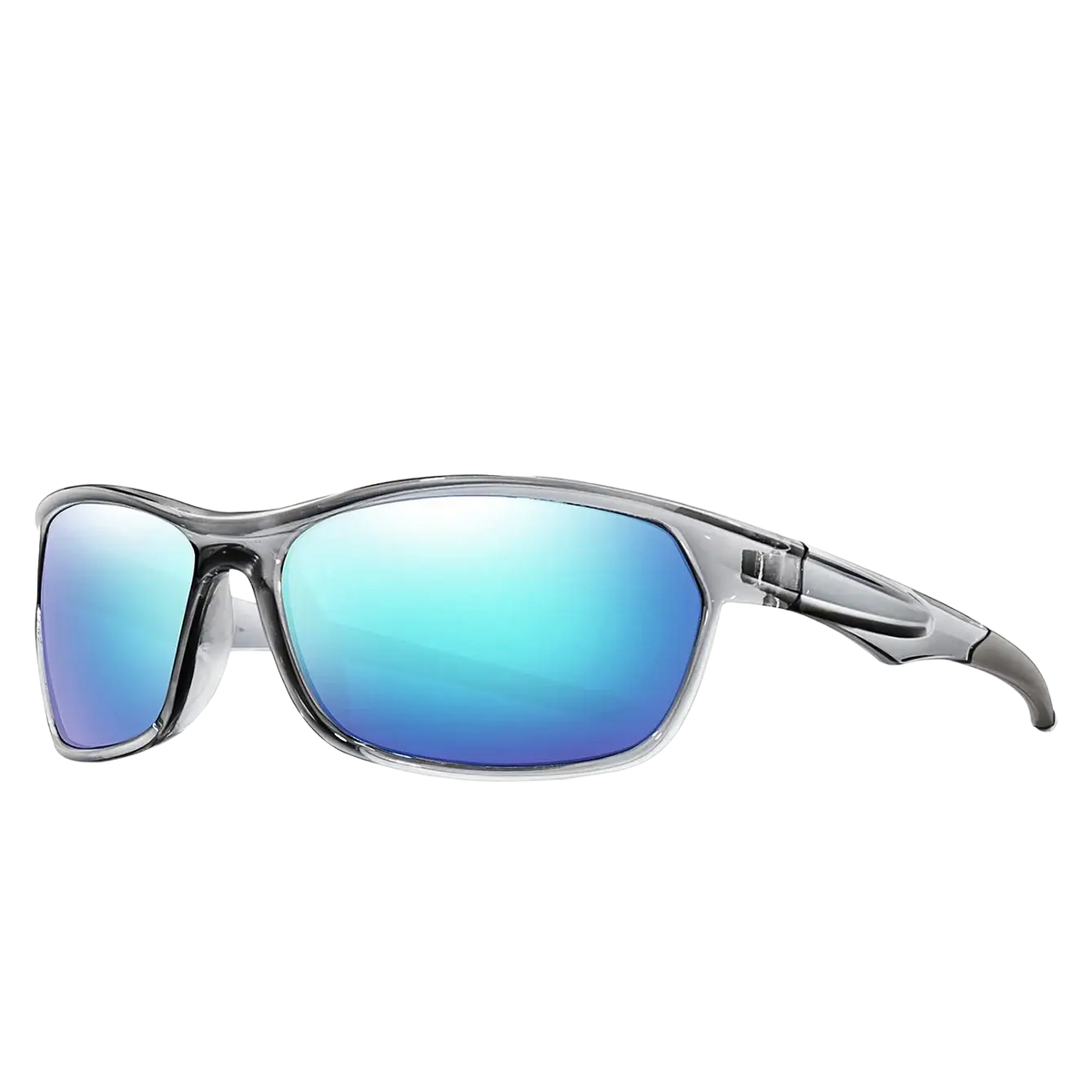 Polarized sports cycling sunglasses with clear frames and gradient blue mirrored lenses for outdoor use