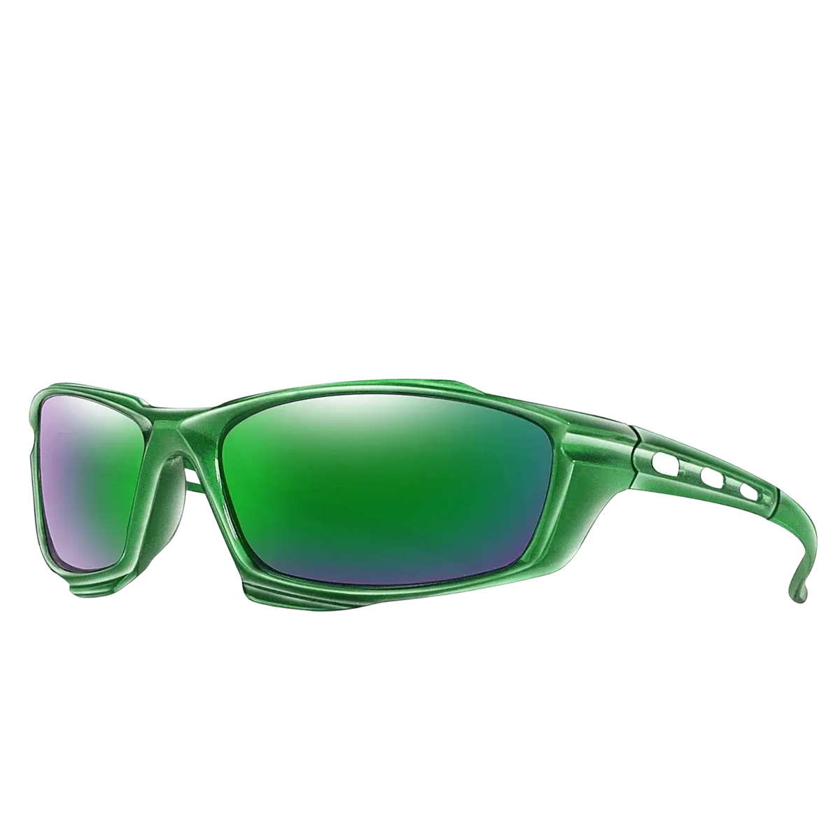 Polarized sports cycling sunglasses with green frames and reflective green purple gradient lenses for outdoor use
