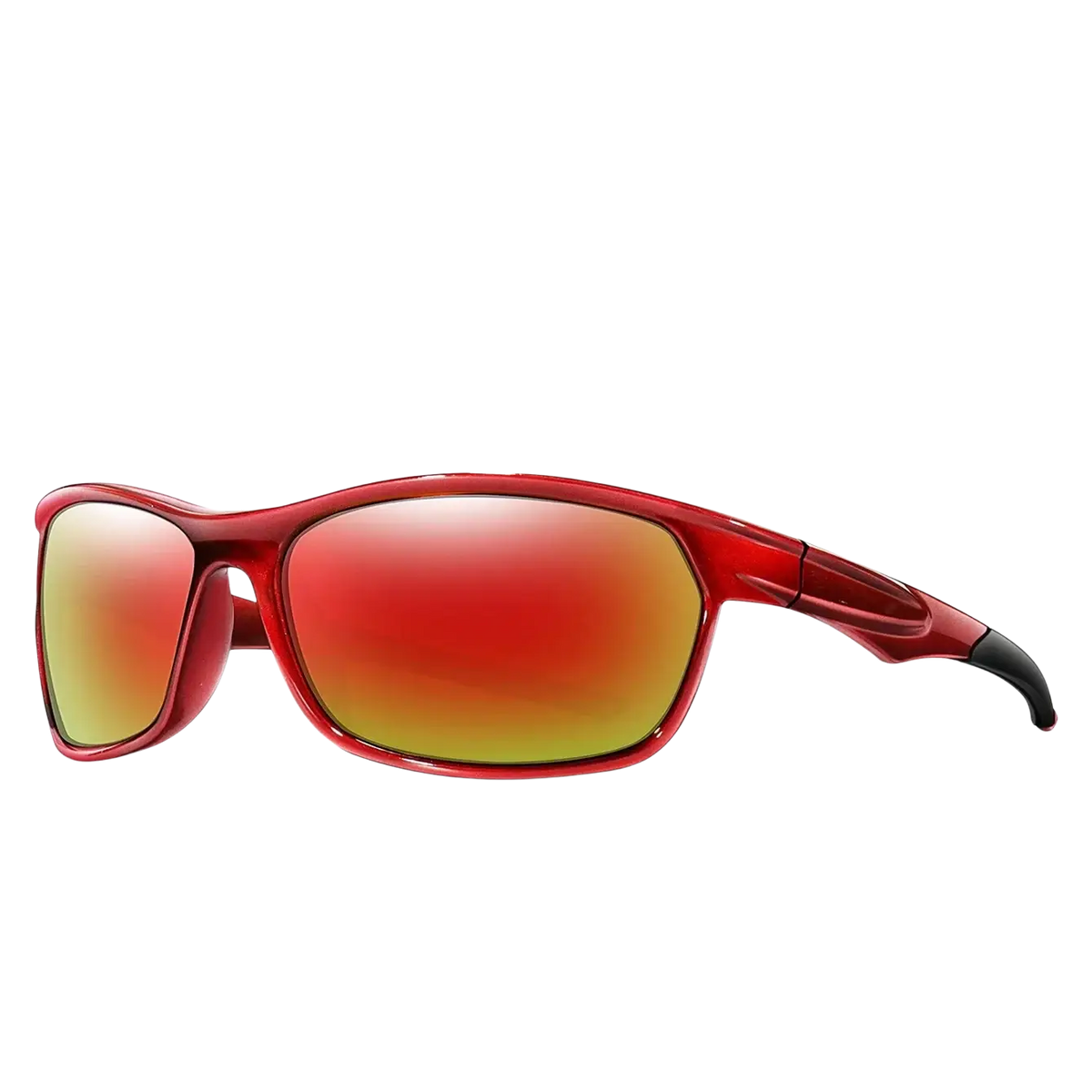 Polarized sports cycling sunglasses with red frames and gradient mirrored lenses shifting from orange to green