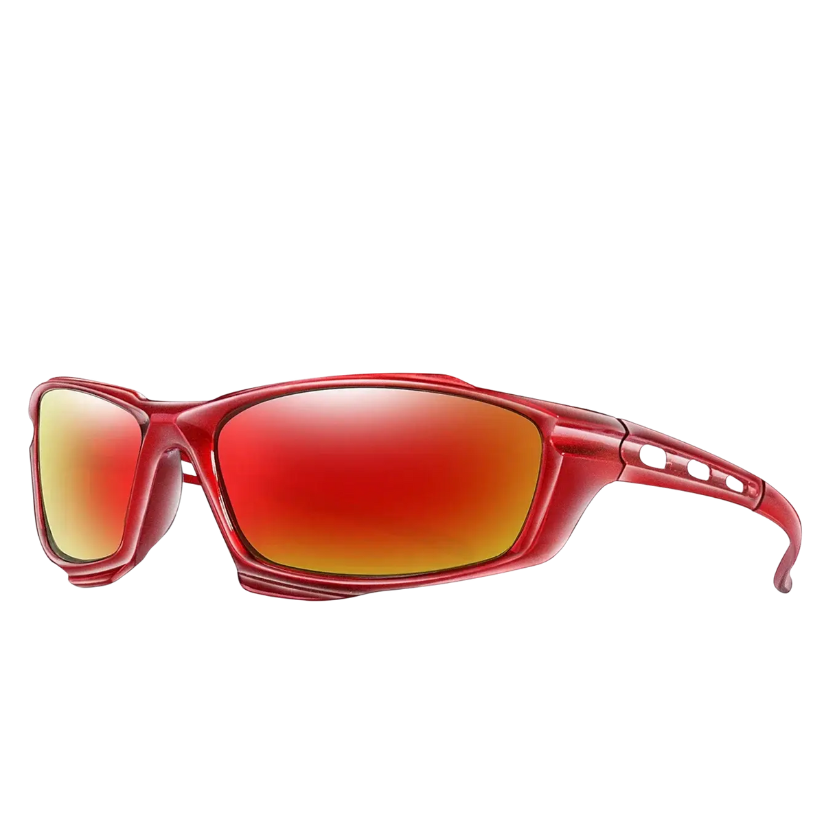Polarized sports cycling sunglasses with red mirrored lenses, sleek sporty design, and perforated temple tips