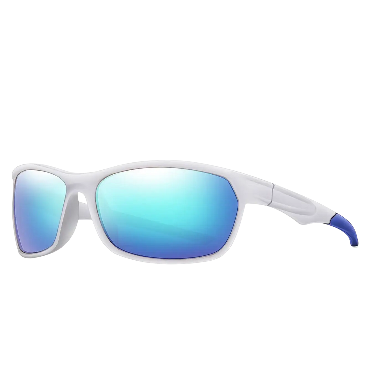 Polarized sports cycling sunglasses with white frame blue mirrored lenses and subtle blue accent on temple tip