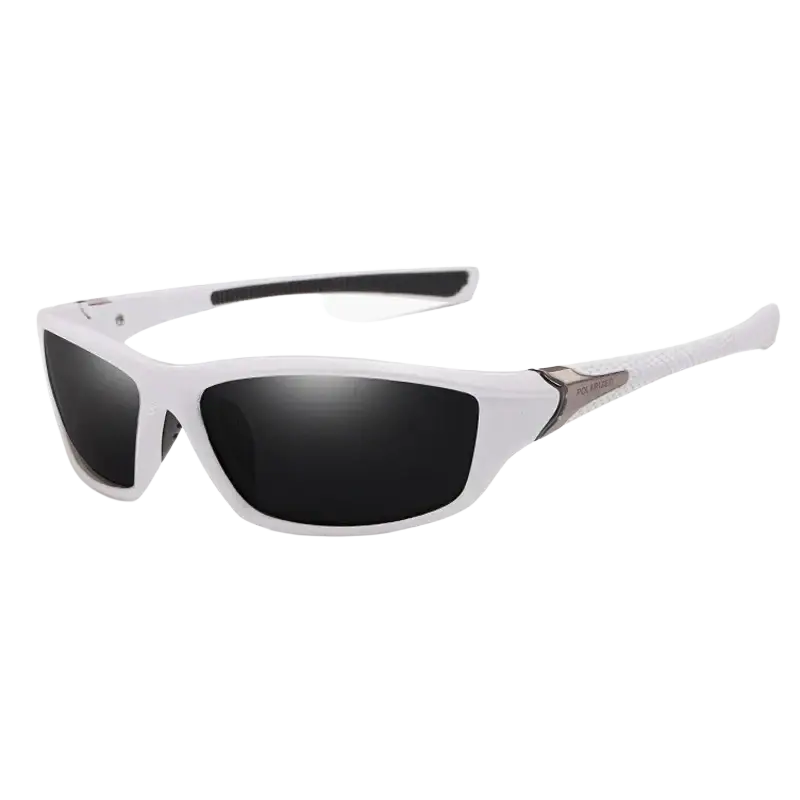 Polarized sports cycling sunglasses with white frames and dark mirrored lenses featuring a sleek modern design