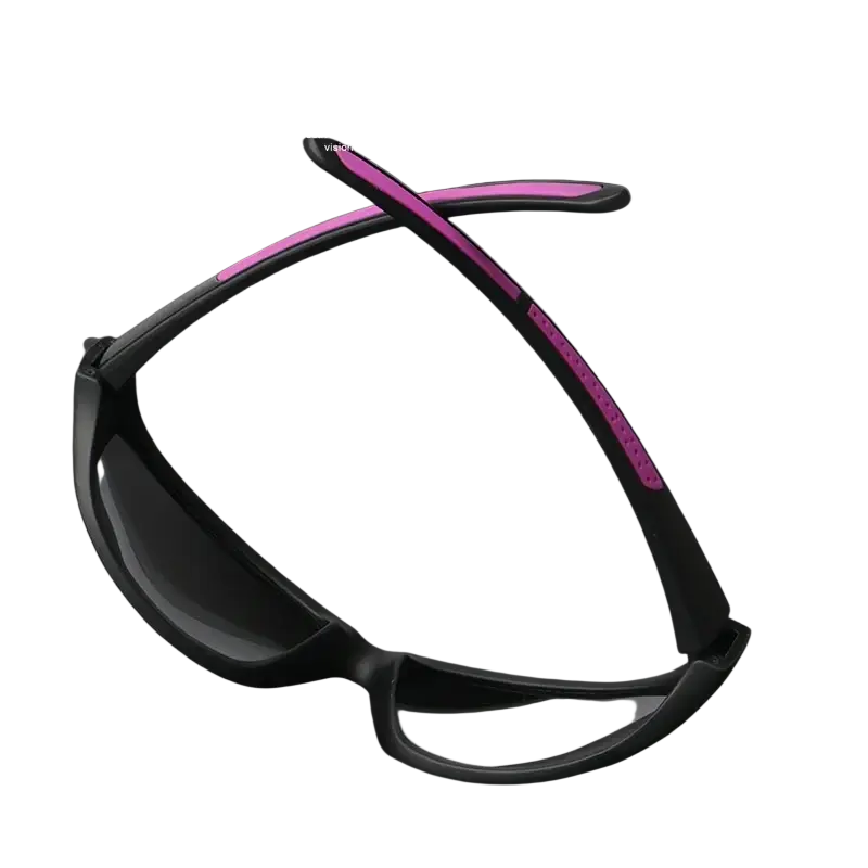 Black polarized sports sunglasses with uv400 protection and vibrant pink accents along the temples