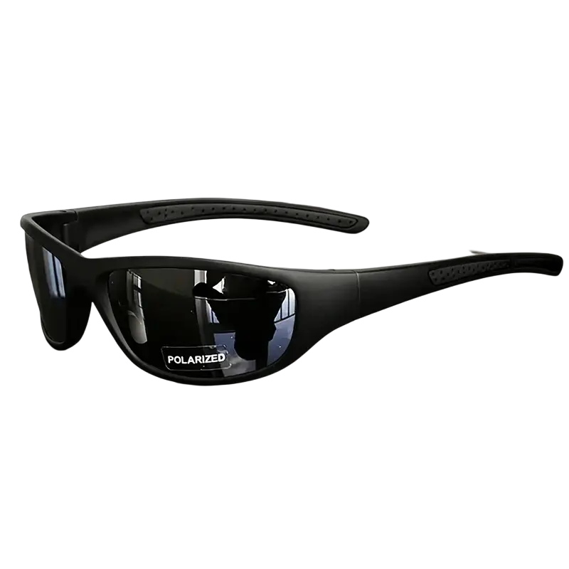 Black polarized sports sunglasses with uv400 protection and textured temple tips for outdoor activities