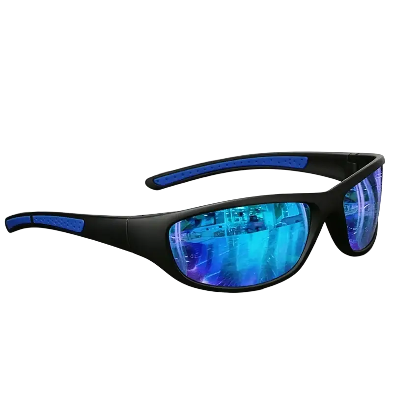 Polarized sports sunglasses black pink uv400 with black and blue reflective lenses and a sleek durable frame design