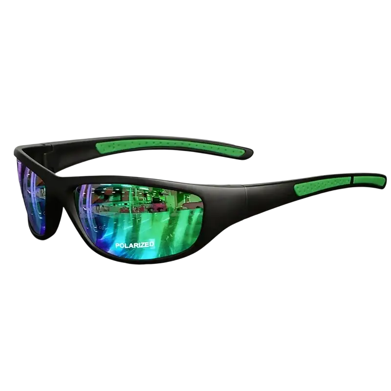 Polarized sports sunglasses black and green with uv400 protection and sleek durable frame design for outdoor use