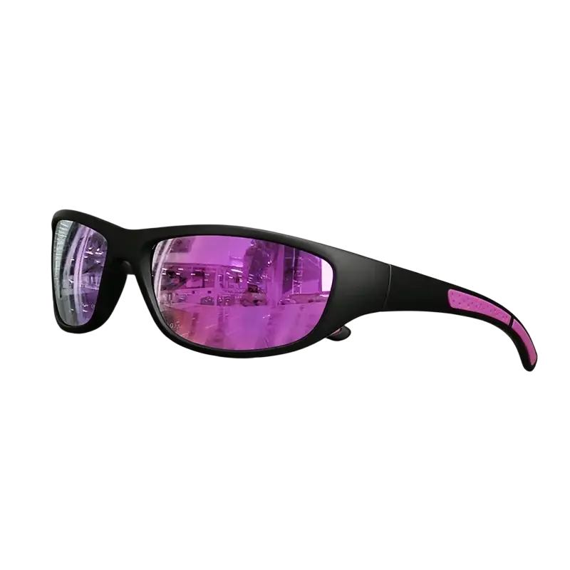 Black and pink polarized sports sunglasses with uv400 protection and reflective purple lenses for outdoor use