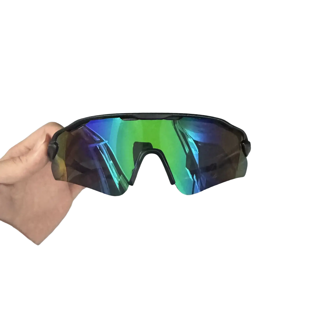 Black-framed polarized sports sunglasses for men with iridescent green and blue reflective lenses for uv protection