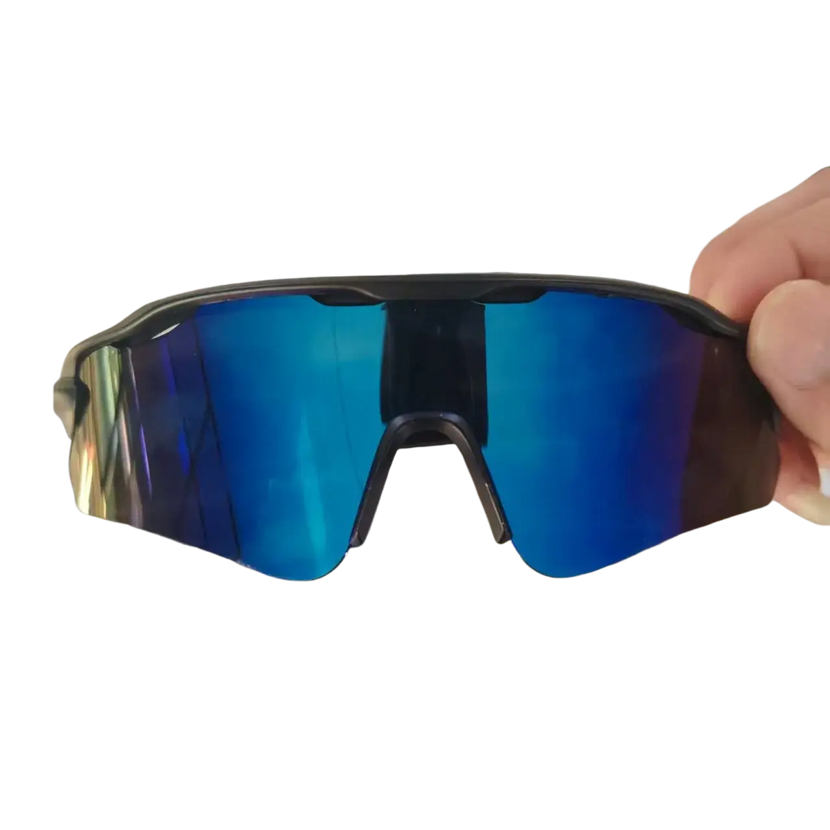 Black-framed polarized sports sunglasses for men with vibrant blue mirrored lenses and uv protection