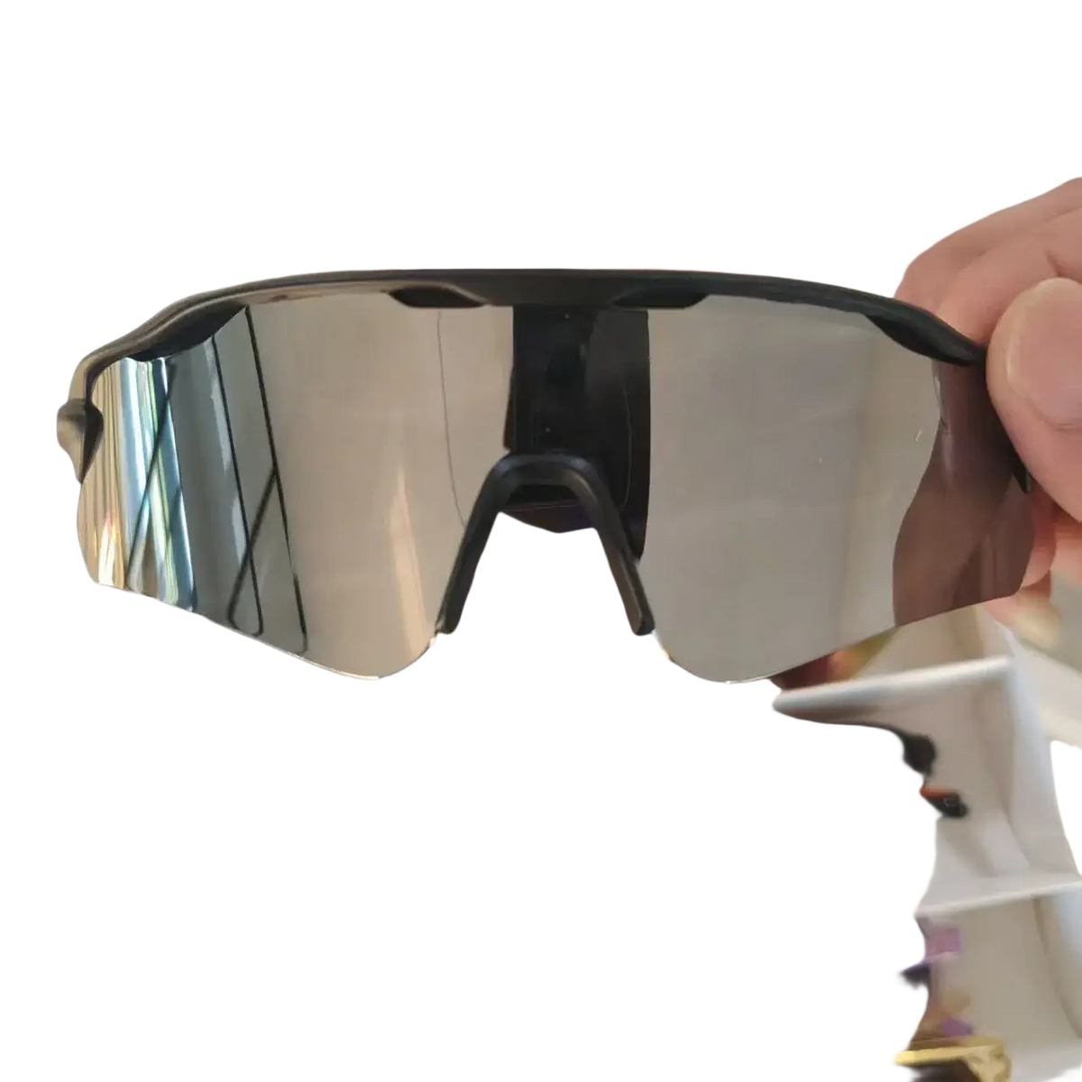 Black-framed polarized sports sunglasses for men with reflective silver lenses and uv protection for outdoor use