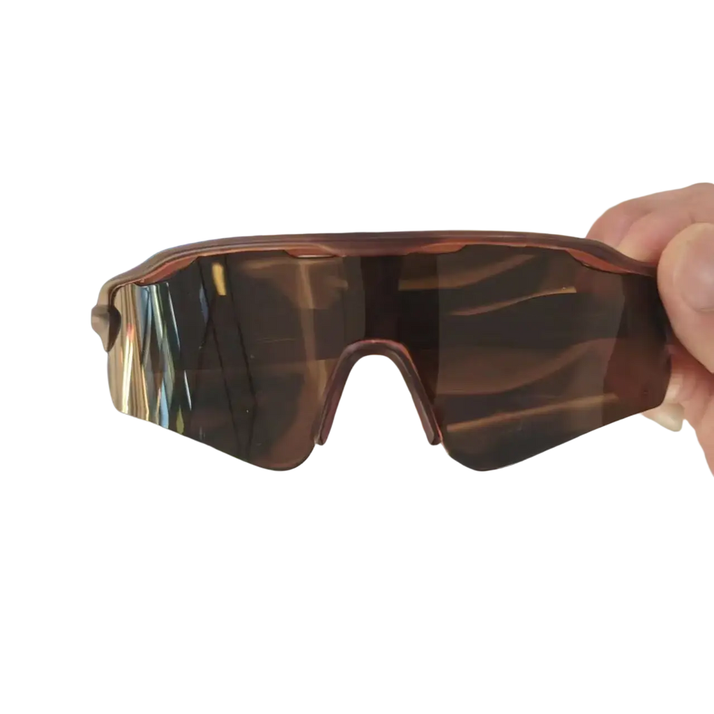 Polarized sports sunglasses for men with brown-tinted reflective lenses and glossy frame for uv protection