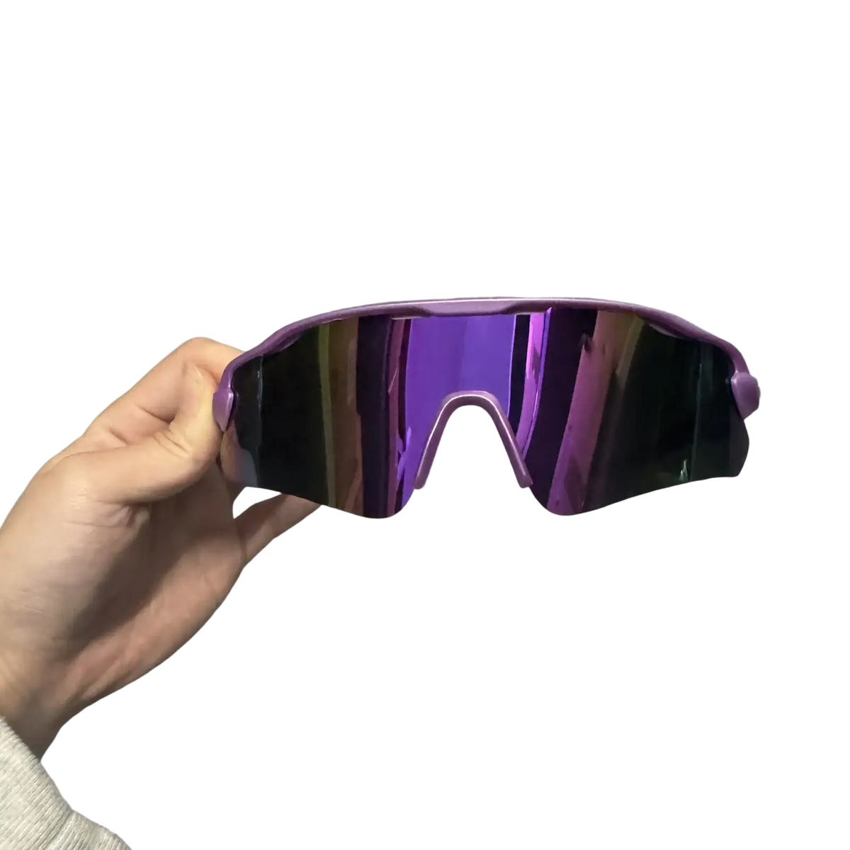Purple mirrored polarized sports sunglasses for men with a sleek aerodynamic frame and uv protection