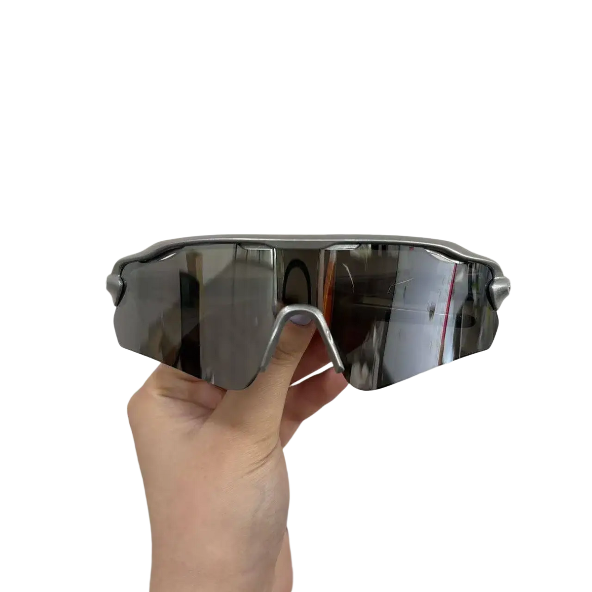 Silver-framed polarized sports sunglasses for men with reflective dark gray lenses offering uv protection