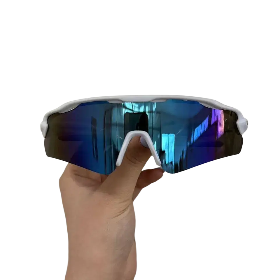 White-framed polarized sports sunglasses for men with iridescent blue and purple reflective lenses offering uv protection