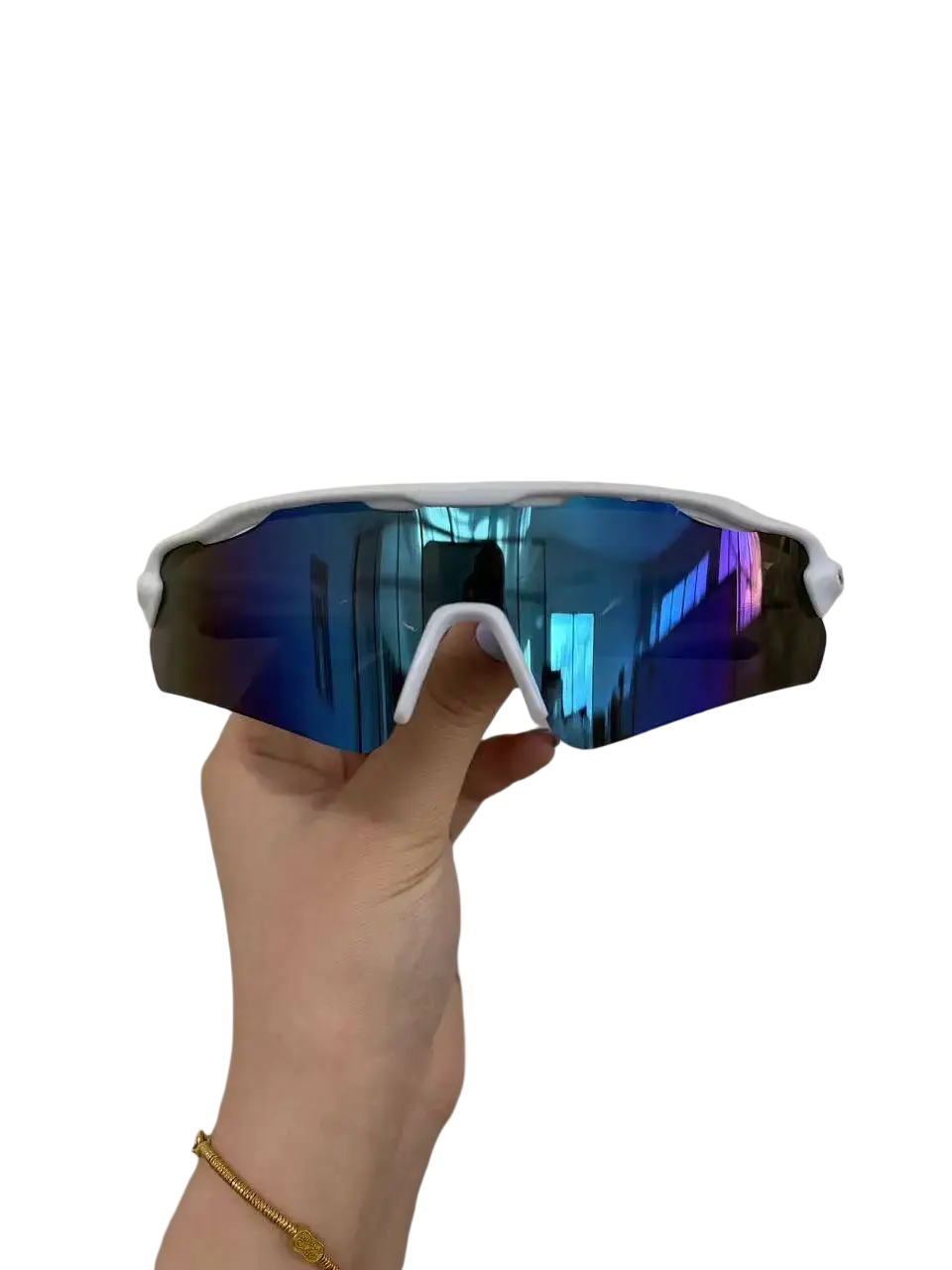 Polarized sports sunglasses for men with white frames and iridescent blue and purple reflective lenses for uv protection